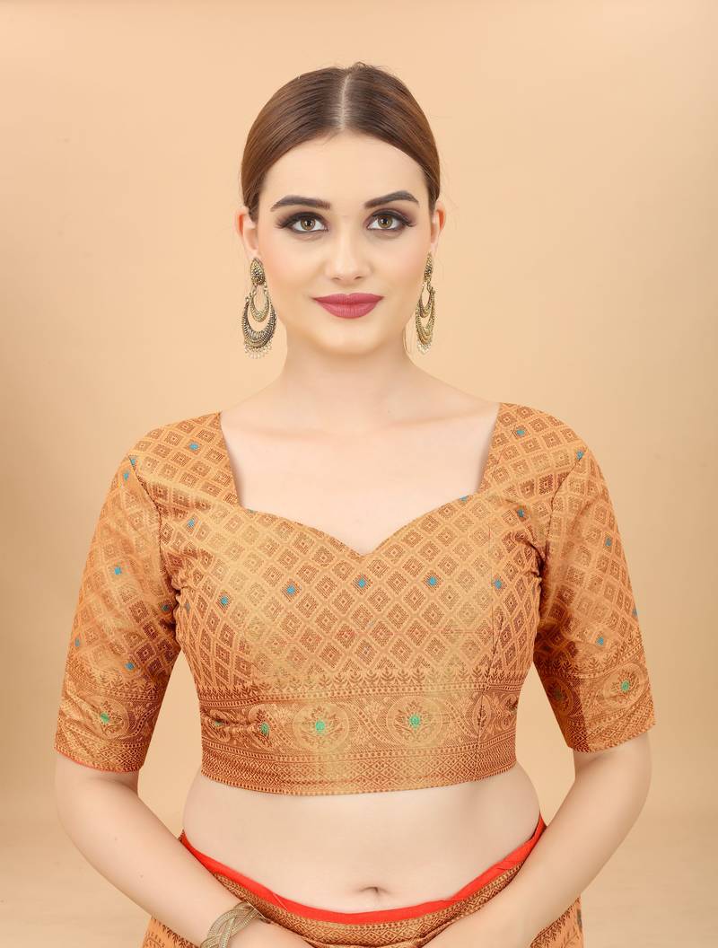 Korams Design Peach Designer Cotton LInen Woven Saree With Blouse For Women