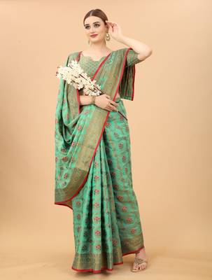 Firozi Designer Cotton LInen Woven Saree With Blouse For Women 1