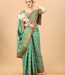 Firozi Designer Cotton LInen Woven Saree With Blouse For Women