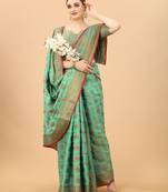 Korams Design Firozi Designer Cotton LInen Woven Saree With Blouse For Women