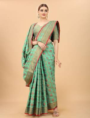 Firozi Designer Cotton LInen Woven Saree With Blouse For Women 2