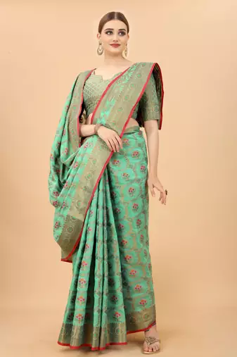 Firozi Designer Cotton LInen Woven Saree With Blouse For Women