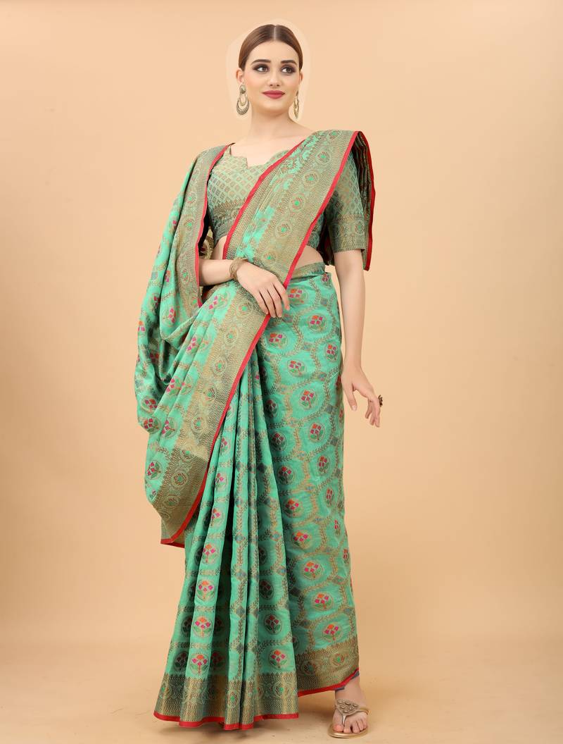 Korams Design Firozi Designer Cotton LInen Woven Saree With Blouse For Women