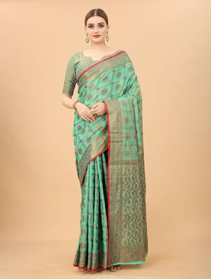 Firozi Designer Cotton LInen Woven Saree With Blouse For Women 3