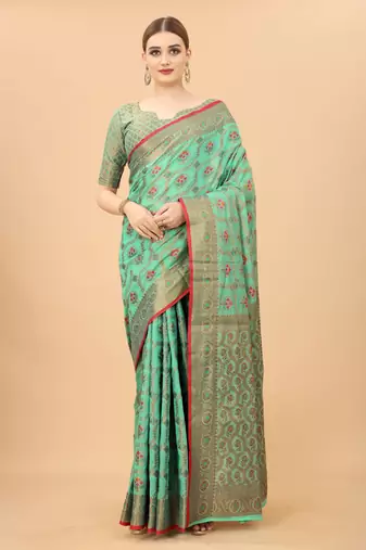 Firozi Designer Cotton LInen Woven Saree With Blouse For Women