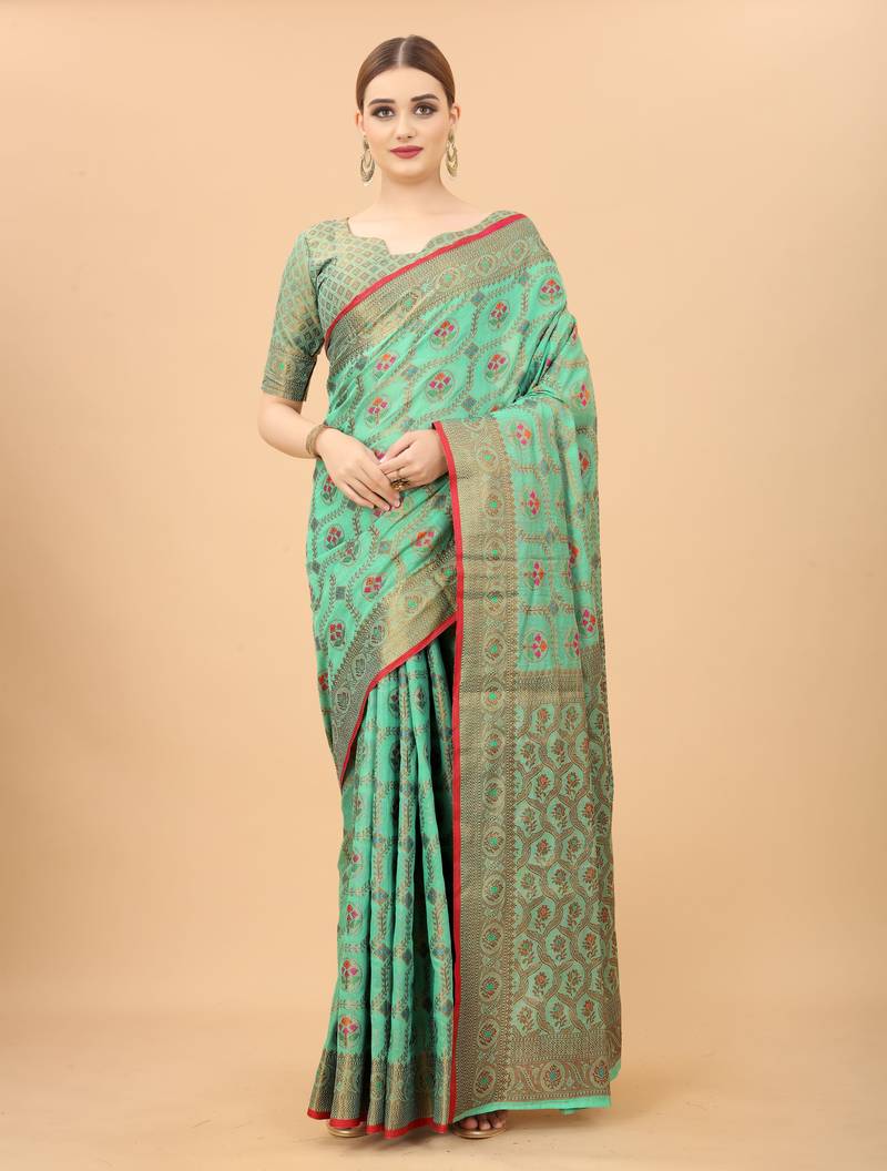 Korams Design Firozi Designer Cotton LInen Woven Saree With Blouse For Women