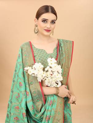 Firozi Designer Cotton LInen Woven Saree With Blouse For Women 4