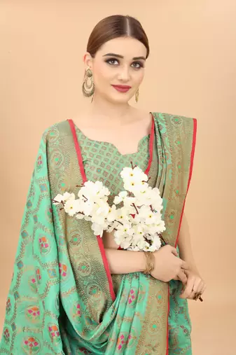 Firozi Designer Cotton LInen Woven Saree With Blouse For Women