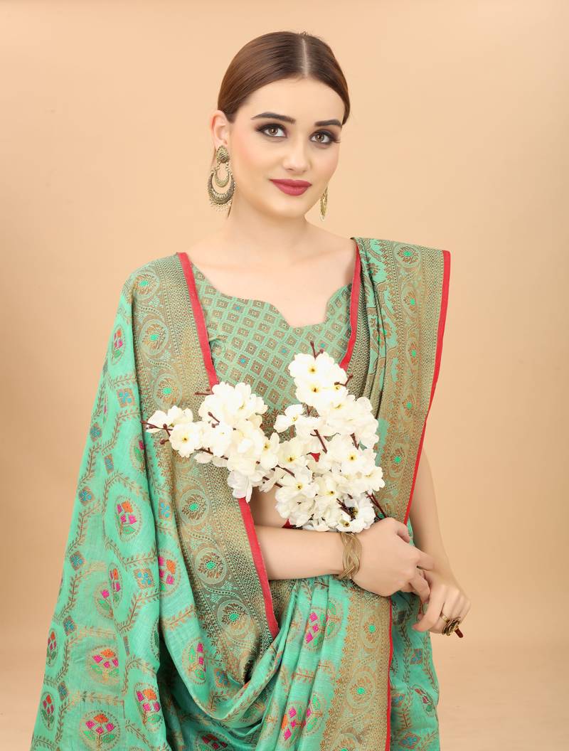 Korams Design Firozi Designer Cotton LInen Woven Saree With Blouse For Women