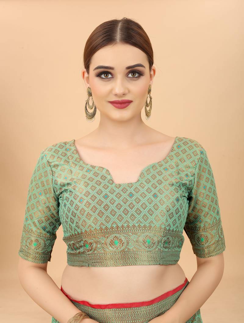 Korams Design Firozi Designer Cotton LInen Woven Saree With Blouse For Women