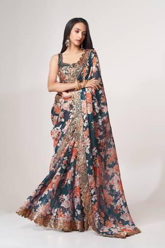 Dove Blue Sequins Embroidery On Digital Printed Organza Party Wear Saree