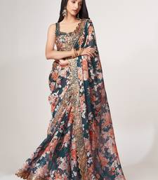  Dove Blue Sequins Embroidery On Digital Printed Organza Party Wear Saree