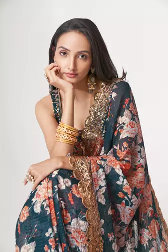  Dove Blue Sequins Embroidery On Digital Printed Organza Party Wear Saree