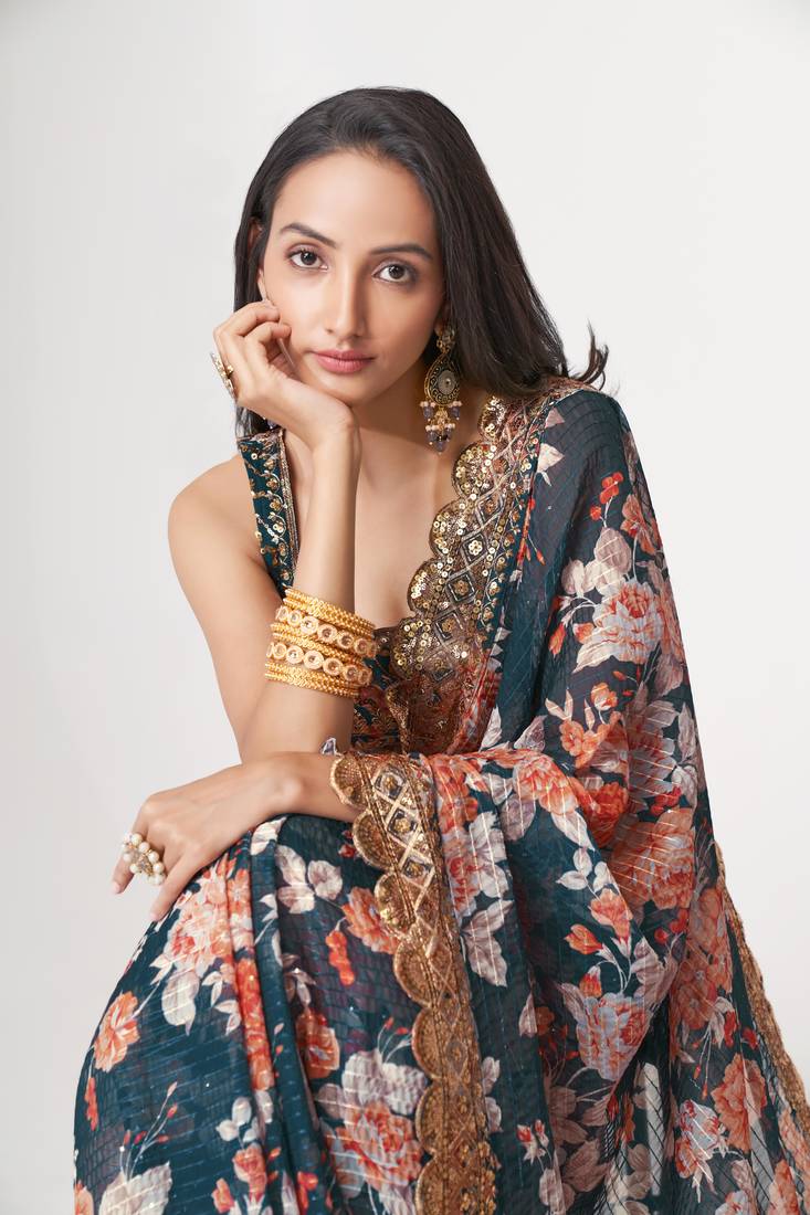  Dove Blue Sequins Embroidery On Digital Printed Organza Party Wear Saree