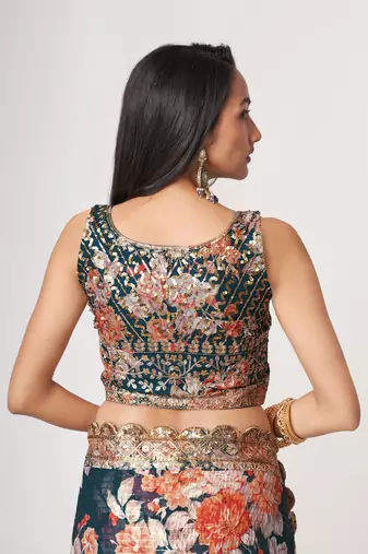  Dove Blue Sequins Embroidery On Digital Printed Organza Party Wear Saree