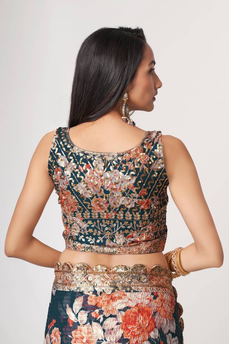  Dove Blue Sequins Embroidery On Digital Printed Organza Party Wear Saree