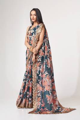  Dove Blue Sequins Embroidery On Digital Printed Organza Party Wear Saree 4