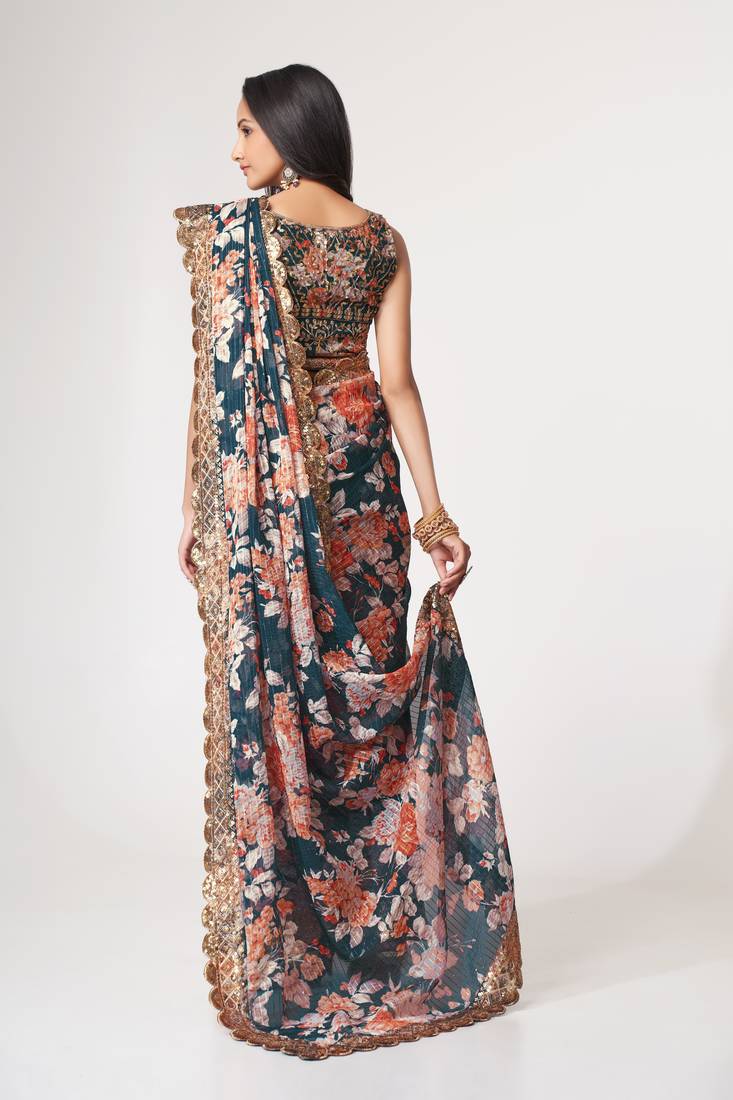  Dove Blue Sequins Embroidery On Digital Printed Organza Party Wear Saree