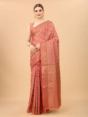 Pink Designer Cotton LInen Woven Saree With Blouse For Women 1