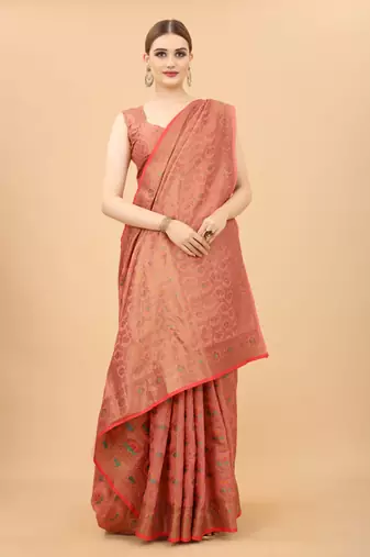 Pink Designer Cotton LInen Woven Saree With Blouse For Women