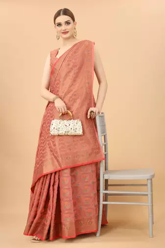 Pink Designer Cotton LInen Woven Saree With Blouse For Women