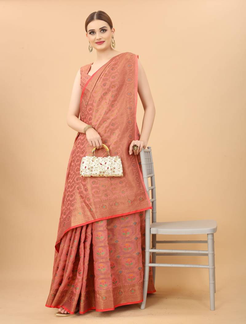 Korams Design Pink Designer Cotton LInen Woven Saree With Blouse For Women