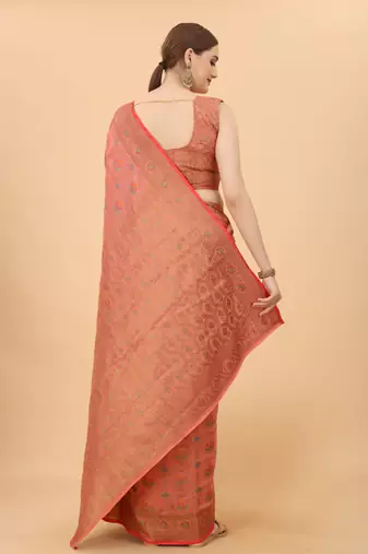Pink Designer Cotton LInen Woven Saree With Blouse For Women