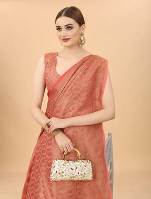 Pink Designer Cotton LInen Woven Saree With Blouse For Women 5