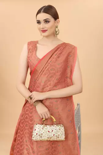 Pink Designer Cotton LInen Woven Saree With Blouse For Women