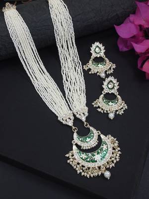 traditional ethnic kundan pearl studded long necklace set 1
