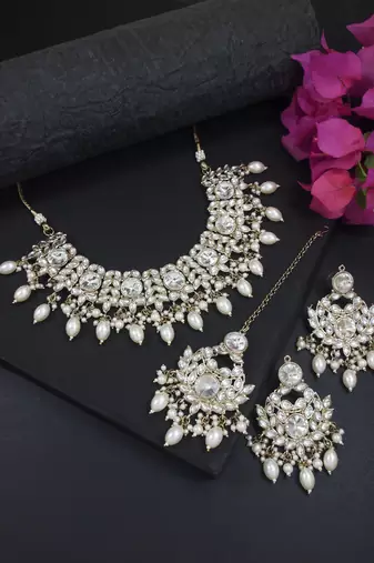 I jewels traditional kundan pearl drop bridal choker necklace with chandbali earrings & maang tikka jewellery set