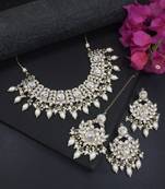 traditional kundan pearl drop bridal choker necklace with chandbali earrings & maang tikka jewellery set