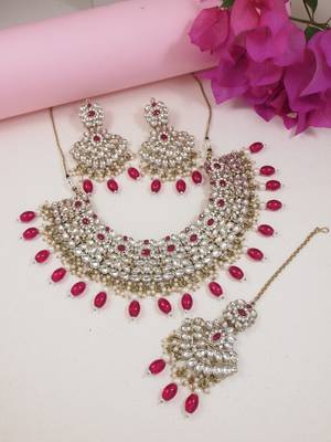 traditional kundan pearl drop bridal choker necklace with chandbali earrings & maang tikka jewellery set 1