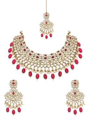 traditional kundan pearl drop bridal choker necklace with chandbali earrings & maang tikka jewellery set 2