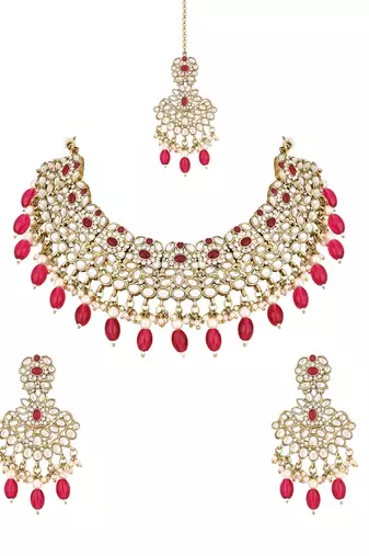 traditional kundan pearl drop bridal choker necklace with chandbali earrings & maang tikka jewellery set
