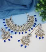 traditional kundan pearl drop bridal choker necklace with chandbali earrings & maang tikka jewellery set