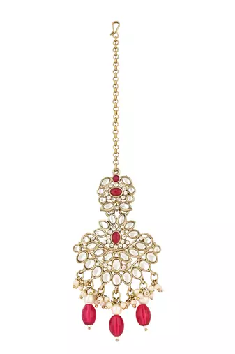 traditional kundan pearl drop bridal choker necklace with chandbali earrings & maang tikka jewellery set