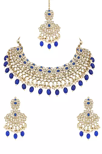 traditional kundan pearl drop bridal choker necklace with chandbali earrings & maang tikka jewellery set