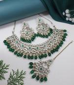 traditional kundan pearl drop bridal choker necklace with chandbali earrings & maang tikka jewellery set