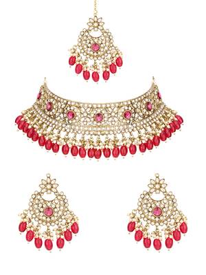 traditional kundan pearl hanging choker necklace jewellery set with earrings & maang tikka 2