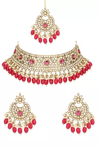 traditional kundan pearl hanging choker necklace jewellery set with earrings & maang tikka