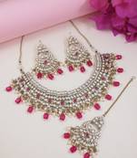 traditional kundan pearl hanging choker necklace jewellery set with earrings & maang tikka