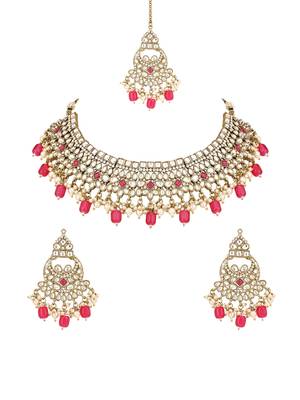 traditional kundan pearl hanging choker necklace jewellery set with earrings & maang tikka 2