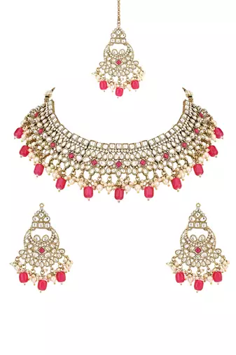traditional kundan pearl hanging choker necklace jewellery set with earrings & maang tikka