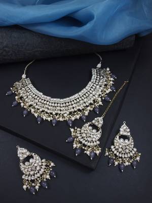 traditional kundan pearl hanging choker necklace jewellery set with earrings & maang tikka 1