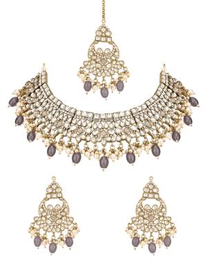 traditional kundan pearl hanging choker necklace jewellery set with earrings & maang tikka 2