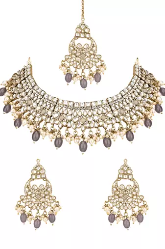 traditional kundan pearl hanging choker necklace jewellery set with earrings & maang tikka