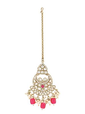 traditional kundan pearl hanging choker necklace jewellery set with earrings & maang tikka 4
