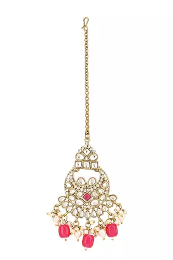 traditional kundan pearl hanging choker necklace jewellery set with earrings & maang tikka