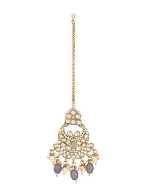 traditional kundan pearl hanging choker necklace jewellery set with earrings & maang tikka 4
